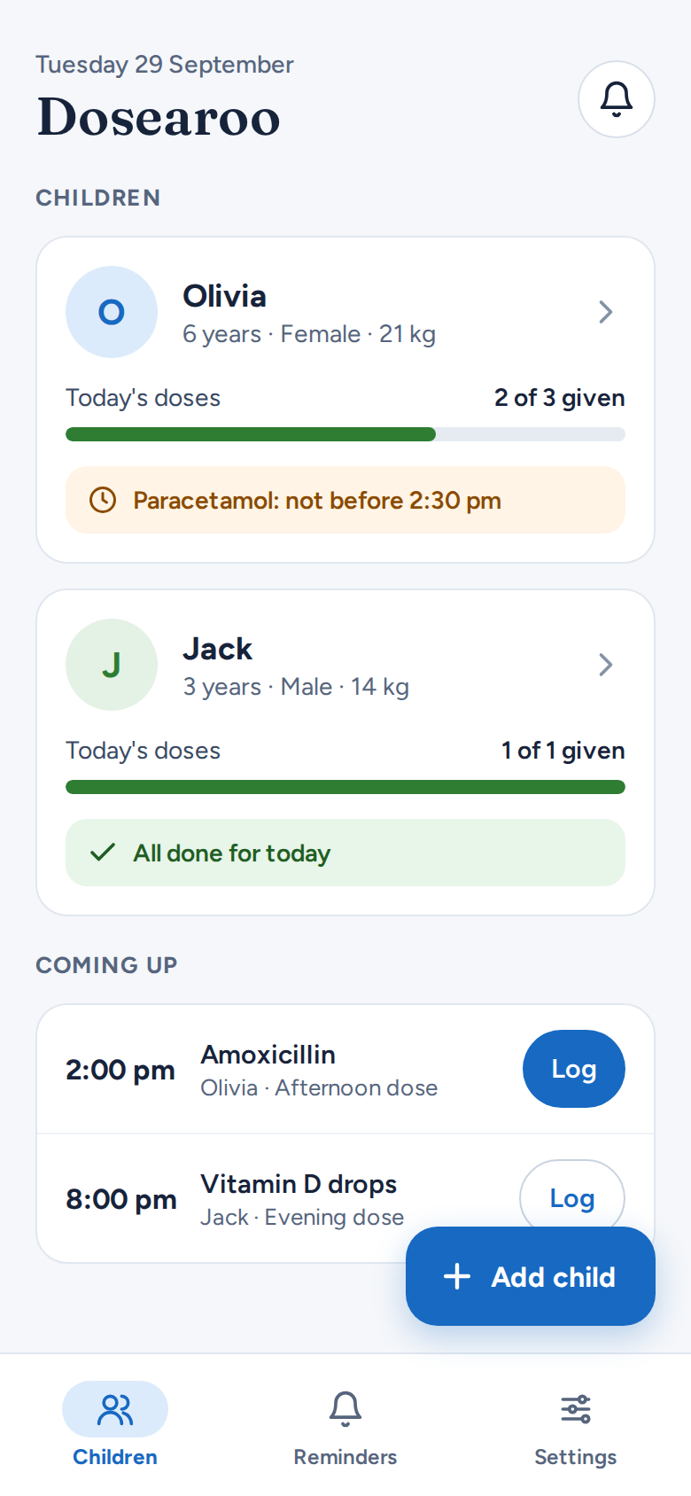 Dosearoo home screen showing two children, today's dose progress, a 'not before 2:30 pm' status and the doses coming up